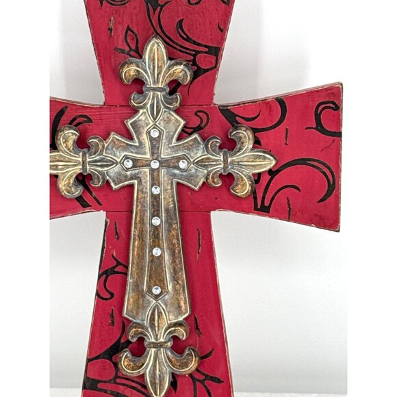 Decorative Red & Rustic Gold Wall Cross With Ornate Fleur-De-Lis Design By Hobby - Picture 3 of 6